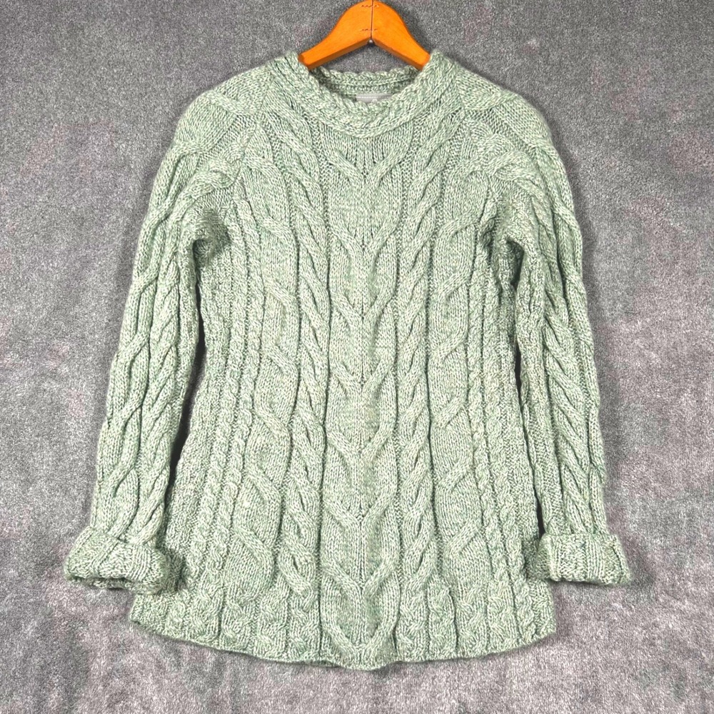 Aran Woollen Mills Sweater Cable Knit Irish Merino Wool Crew Neck Green Womens S